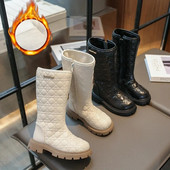 Nauji 2024 m. rudens žiemos batai mergaitėms Minkštos odinės aukštakulniai batai vaikams Madingi languoti užtrauktuku dideli mergaičių ilgaauliai šilti pliušiniai botas