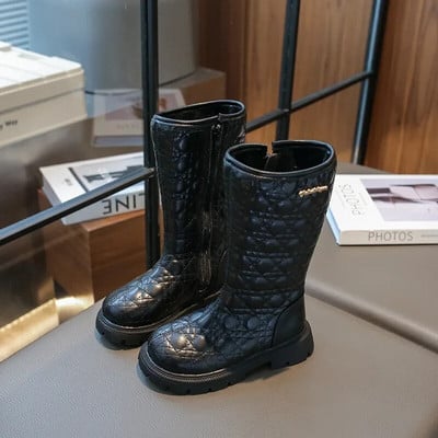 Nauji 2024 m. rudens žiemos batai mergaitėms Minkštos odinės aukštakulniai batai vaikams Madingi languoti užtrauktuku dideli mergaičių ilgaauliai šilti pliušiniai botas