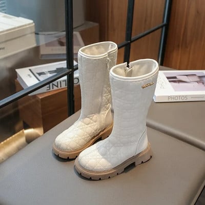 Nauji 2024 m. rudens žiemos batai mergaitėms Minkštos odinės aukštakulniai batai vaikams Madingi languoti užtrauktuku dideli mergaičių ilgaauliai šilti pliušiniai botas