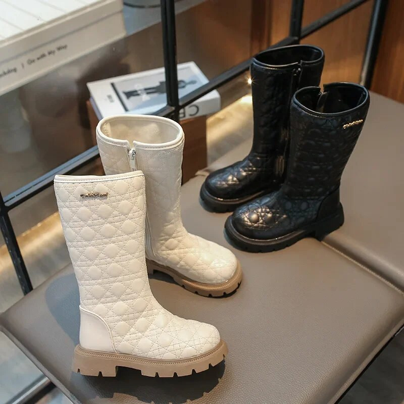 Nauji 2024 m. rudens žiemos batai mergaitėms Minkštos odinės aukštakulniai batai vaikams Madingi languoti užtrauktuku dideli mergaičių ilgaauliai šilti pliušiniai botas