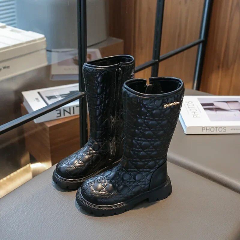 Nauji 2024 m. rudens žiemos batai mergaitėms Minkštos odinės aukštakulniai batai vaikams Madingi languoti užtrauktuku dideli mergaičių ilgaauliai šilti pliušiniai botas