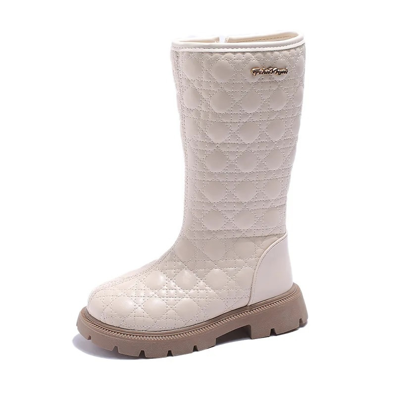 Nauji 2024 m. rudens žiemos batai mergaitėms Minkštos odinės aukštakulniai batai vaikams Madingi languoti užtrauktuku dideli mergaičių ilgaauliai šilti pliušiniai botas