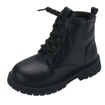 Детски ботуши Черни обувки за момчета Есен Зима Кожени детски ботуши Обувки за малки момичета Мартенс Топли плюшени ботуши за сняг