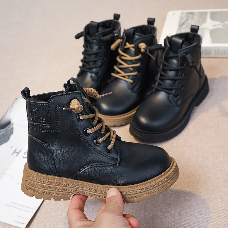 Vaikiški batai Juodi berniukų batai rudeniniai žieminiai odiniai batai vaikams kulkšnies batai mažiems mergaitėms Martens šilti pliušiniai sniego batai