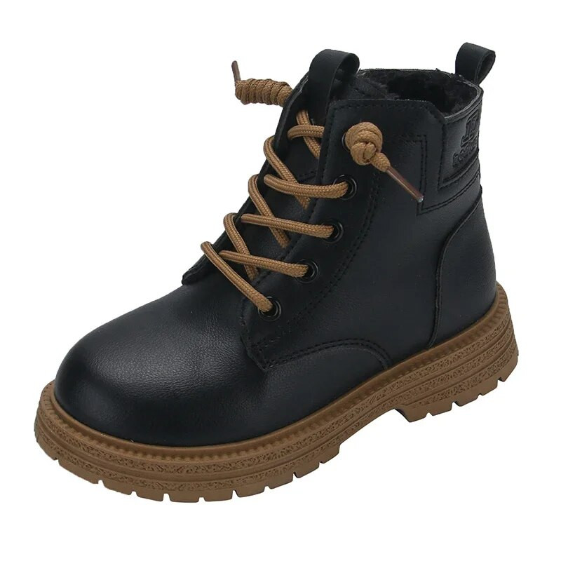Vaikiški batai Juodi berniukų batai rudeniniai žieminiai odiniai batai vaikams kulkšnies batai mažiems mergaitėms Martens šilti pliušiniai sniego batai