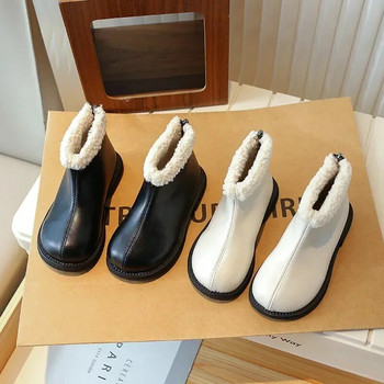 Κορίτσια PU Δερμάτινα κοντές μπότες Παιδικά χειμώνας 2024 Νέα μονόχρωμη μόδα Ζεστά βελούδινα βαμβακερά παπούτσια Παιδικά μποτάκια με φερμουάρ πίσω