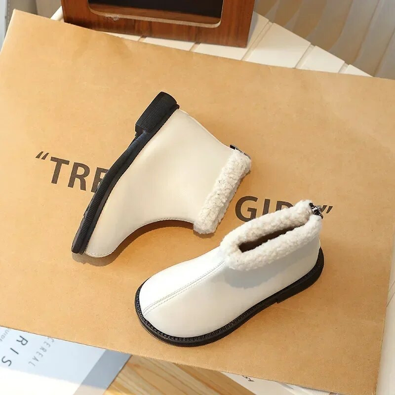 Mergaičių PU odiniai trumpi batai vaikams, žiema 2024 m. Nauja vienspalvė madinga šilta pliušinė medvilniniai batai vaikams Nugara Batai su užtrauktuku