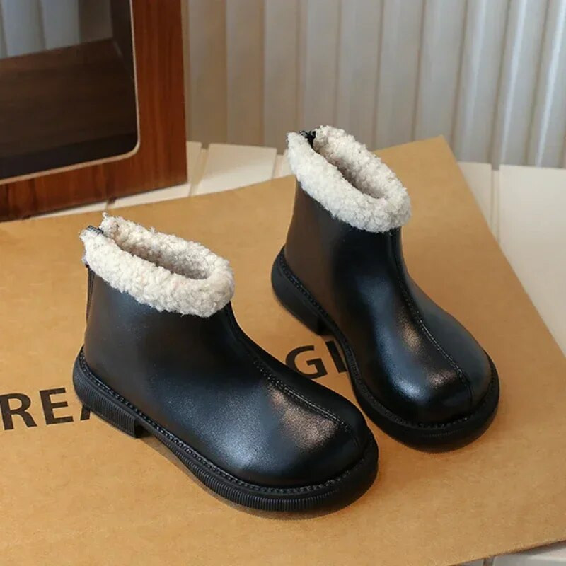 Mergaičių PU odiniai trumpi batai vaikams, žiema 2024 m. Nauja vienspalvė madinga šilta pliušinė medvilniniai batai vaikams Nugara Batai su užtrauktuku