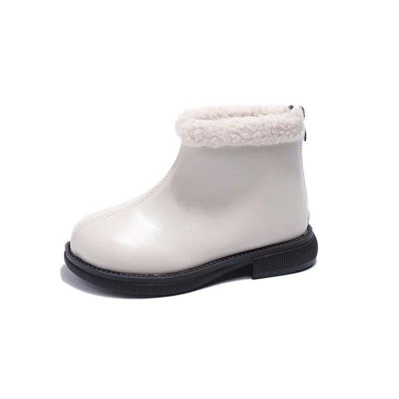 Mergaičių PU odiniai trumpi batai vaikams, žiema 2024 m. Nauja vienspalvė madinga šilta pliušinė medvilniniai batai vaikams Nugara Batai su užtrauktuku