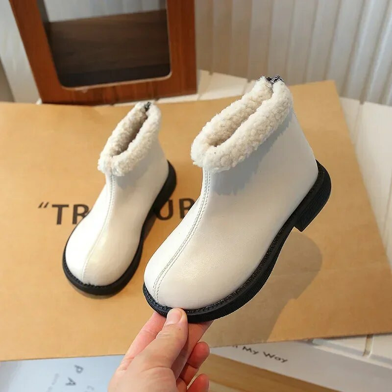 Mergaičių PU odiniai trumpi batai vaikams, žiema 2024 m. Nauja vienspalvė madinga šilta pliušinė medvilniniai batai vaikams Nugara Batai su užtrauktuku