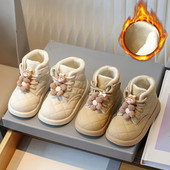 2024 m. naujos mados, gėlių, žieminiai, korėjietiško stiliaus langiniai batai iš PU odos sniego batai, šilti pliušiniai medvilniniai batai vaikams