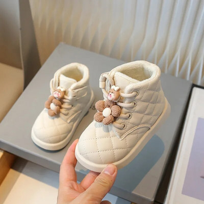 2024 m. naujos mados, gėlių, žieminiai, korėjietiško stiliaus langiniai batai iš PU odos sniego batai, šilti pliušiniai medvilniniai batai vaikams