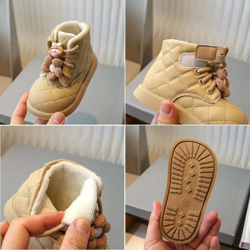 2024 m. naujos mados, gėlių, žieminiai, korėjietiško stiliaus langiniai batai iš PU odos sniego batai, šilti pliušiniai medvilniniai batai vaikams