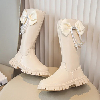 Μπότες μέχρι το γόνατο Παιδικό παπούτσι Νέο 2024 Fashion Bowknot Princess ψηλές μπότες για κορίτσια Παιδικές φούντες Μαλακές δερμάτινες μπότες μακριά πλατφόρμα