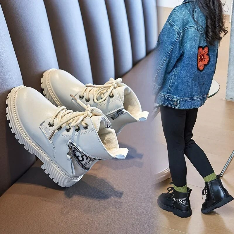 Vaikiški madingi mergaičių trumpi batai Drop Shipping juodi smėlio spalvos PU Vaikiški šaunūs berniukų kulkšnies batai Minkšti kvėpuojantys unisex odiniai batai