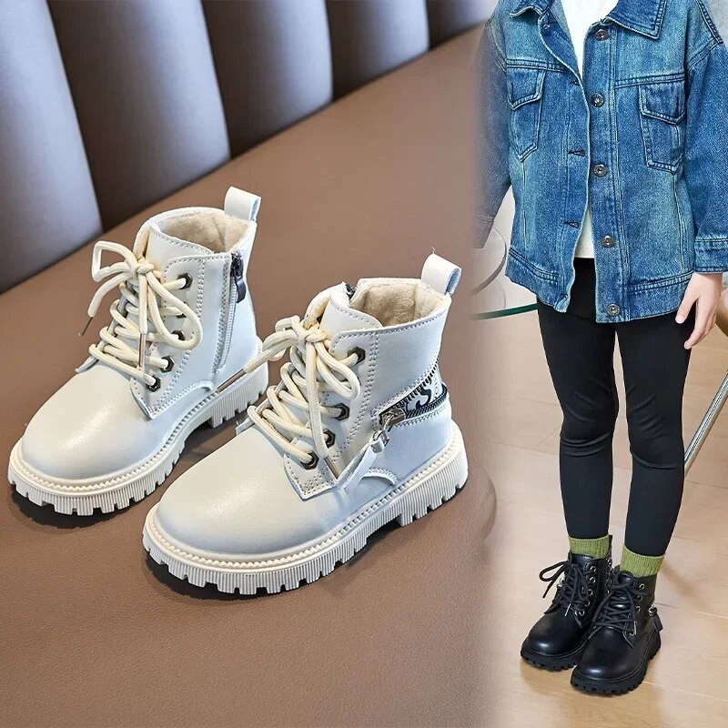 Vaikiški madingi mergaičių trumpi batai Drop Shipping juodi smėlio spalvos PU Vaikiški šaunūs berniukų kulkšnies batai Minkšti kvėpuojantys unisex odiniai batai