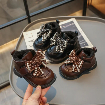 2024 Νέα Παιδική Μόδα PU Δερμάτινα παπούτσια για κορίτσια Φιόγκος Μαργαριτάρια Πριγκίπισσα Παπούτσια Παιδικά Casual κοντά μποτάκια Βρεφικά ζεστά βελούδινα βαμβακερά παπούτσια