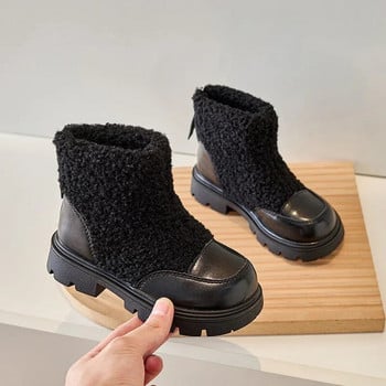 Νέες μπότες για κορίτσια PU Lamb παπούτσια Παιδική μόδα Ζεστά βελούδινα κοντά Παιδικά αντιολισθητικά casual μποτάκια βαμβακερά παπούτσια με φερμουάρ πίσω