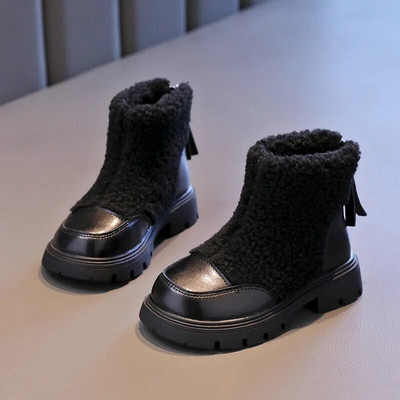 Cizme noi pentru fete Pantofi din PU de miel Moda pentru copii Cizme scurte de pluș calde pentru copii Cizme casual anti-alunecare Pantofi din bumbac cu fermoar în spate