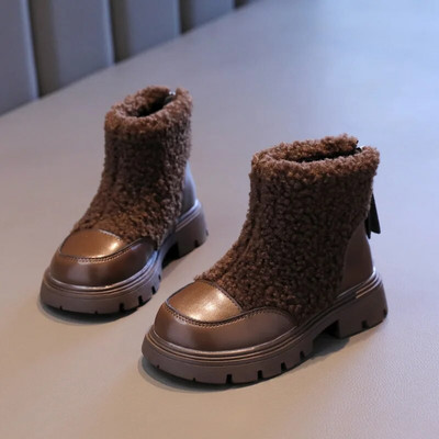Cizme noi pentru fete Pantofi din PU de miel Moda pentru copii Cizme scurte de pluș calde pentru copii Cizme casual anti-alunecare Pantofi din bumbac cu fermoar în spate