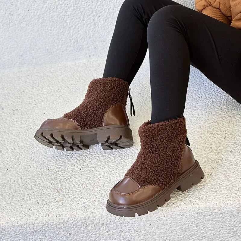 Nauji mergaičių batai PU avinėlio batai vaikiški madingi šilti pliušiniai trumpi batai vaikams neslystantys laisvalaikio kulkšnies batai atgal užtrauktuku medvilniniai batai