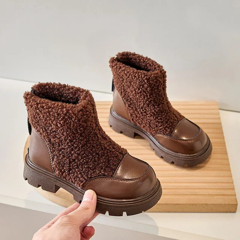 Nauji mergaičių batai PU avinėlio batai vaikiški madingi šilti pliušiniai trumpi batai vaikams neslystantys laisvalaikio kulkšnies batai atgal užtrauktuku medvilniniai batai