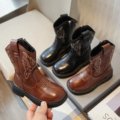 Broderie Fete Cizme Cowboy Piele PU Varf rotund Fermoar Copii Cizme la mijlocul gambei 2024 Solid Copii Moda Cowgirl Cizme Marimea 26-33