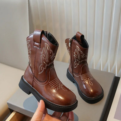Broderie Fete Cizme Cowboy Piele PU Varf rotund Fermoar Copii Cizme la mijlocul gambei 2024 Solid Copii Moda Cowgirl Cizme Marimea 26-33