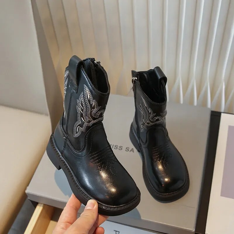 Tikandid Tüdrukute Kauboisaapad PU-nahast ümmarguse tõmblukuga laste saapad 2024 Solid Laste Mood Cowgirls Saapad Suurus 26-33