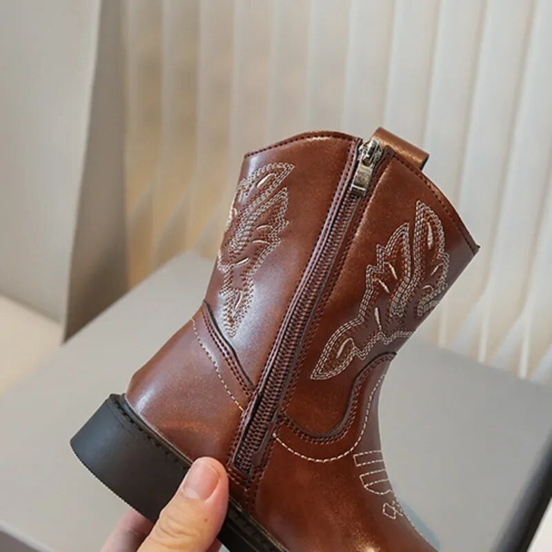 Tikandid Tüdrukute Kauboisaapad PU-nahast ümmarguse tõmblukuga laste saapad 2024 Solid Laste Mood Cowgirls Saapad Suurus 26-33