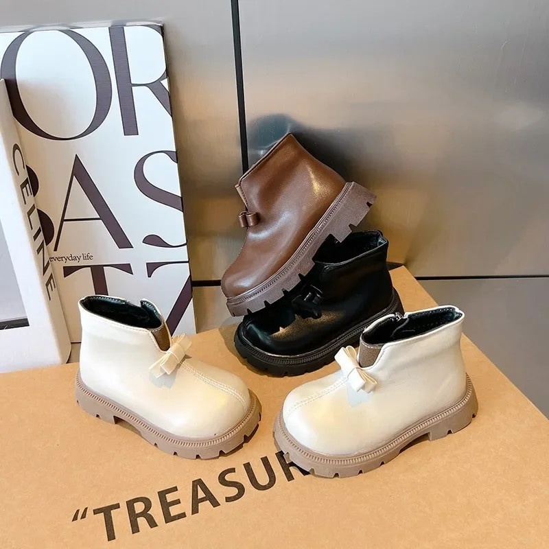 Madingi Bowknot kulkšnies batai mergaičių princesių batai Nauji 2024 m. Paprasti neslystantys trumpi batai vaikams Šilti pliušiniai medvilniniai batai 23-33 dydis