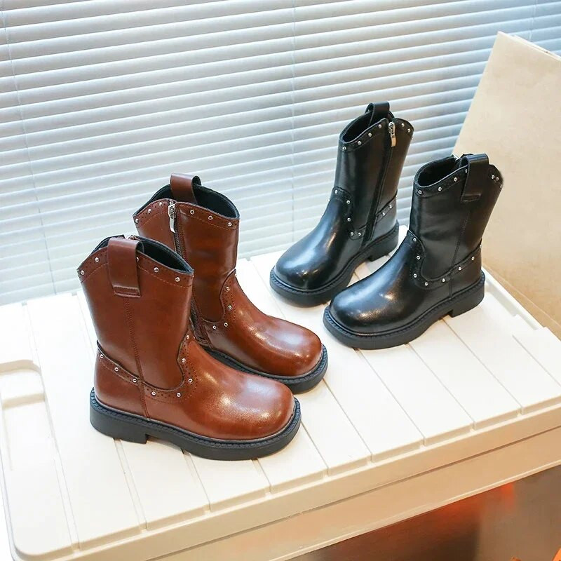 Κορίτσια Rivet Cowboy Boots για Παιδικά Παπούτσια Αγόρια PU Δερμάτινα μποτάκια Παιδικά 2024 Νέο τετράγωνο τακούνι αντιολισθητικές ρετρό κοντές μπότες