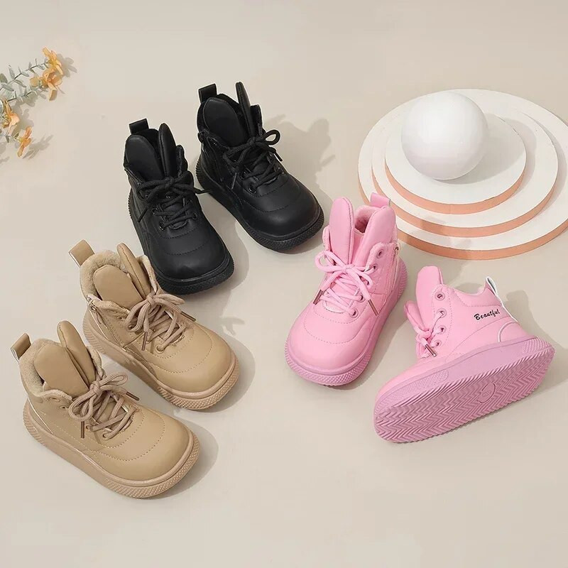 Uued Laste Mood Nahast Lühikesed Saapad Laste Jänkukõrvad Paelad Poolsaapad Poistele Tüdrukutele Libisemiskindlad ühevärvilised soojad puuvillased kingad