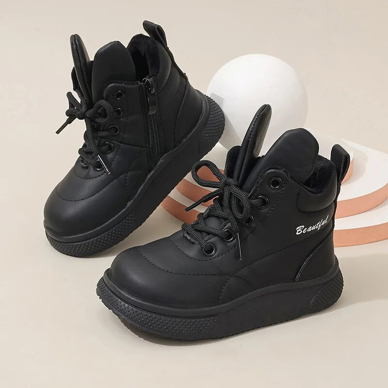 Uued Laste Mood Nahast Lühikesed Saapad Laste Jänkukõrvad Paelad Poolsaapad Poistele Tüdrukutele Libisemiskindlad ühevärvilised soojad puuvillased kingad