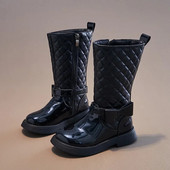 Mergaičių blizgūs juodi ilgaauliai Nauji 2024 m. šoniniai aukšti batai su užtrauktuku Vaikiški madingi lankai Vaikiški laisvalaikio batai mergaitėms, neslystantys batai