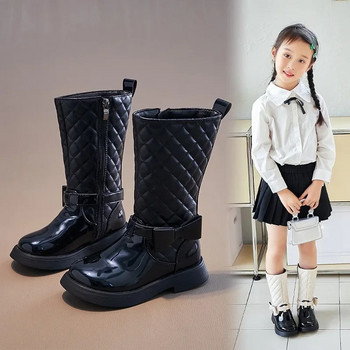 Γυαλιστερές μαύρες μακριές μπότες για κορίτσια Νέες ψηλές μπότες 2024 με φερμουάρ στο πλάι Παιδικές μπότες μόδας με φιόγκο Παιδικά καθημερινά παπούτσια για κορίτσια Αντιολισθητικές μπότες