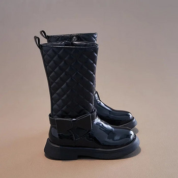Γυαλιστερές μαύρες μακριές μπότες για κορίτσια Νέες ψηλές μπότες 2024 με φερμουάρ στο πλάι Παιδικές μπότες μόδας με φιόγκο Παιδικά καθημερινά παπούτσια για κορίτσια Αντιολισθητικές μπότες