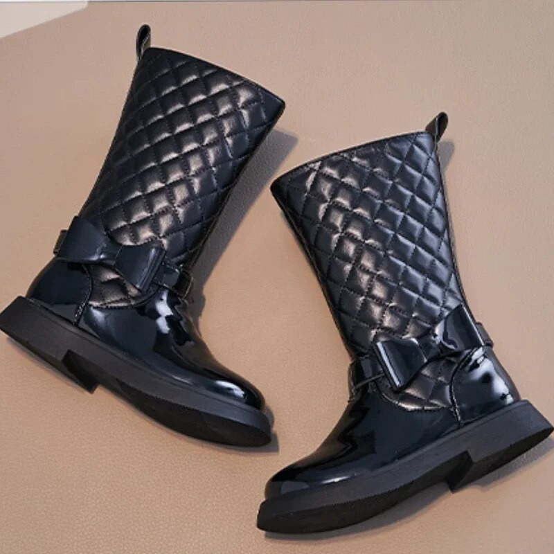 Mergaičių blizgūs juodi ilgaauliai Nauji 2024 m. šoniniai aukšti batai su užtrauktuku Vaikiški madingi lankai Vaikiški laisvalaikio batai mergaitėms, neslystantys batai