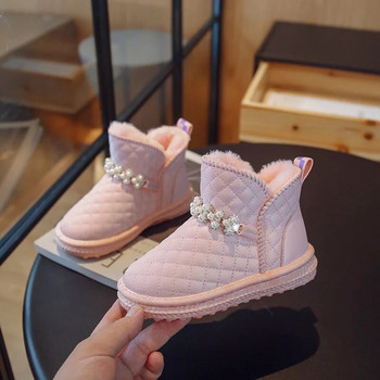 Детски ботуши за сняг 2024 Нова мода Перлени обувки за принцеса Момичета Сладки карирани плътни ежедневни ботуши за глезена Детски водоустойчиви памучни обувки