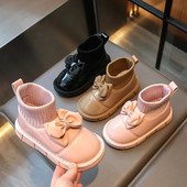 Uued 2024. aasta tüdrukute lumesaapad Laste plüüsist talvekingad Laste Bowknot PU-nahast kingad libisemiskindlad pahkluu sokid, lühikesed saapad