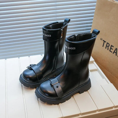 Moodsad lapsed, tüdrukud, kõrged saapad, pandlaga, küljel, tõmblukk Moodsad, ümmarguse varbaga 2023. aasta laste nahast saapad poistele, Suurbritannia stiilis PU