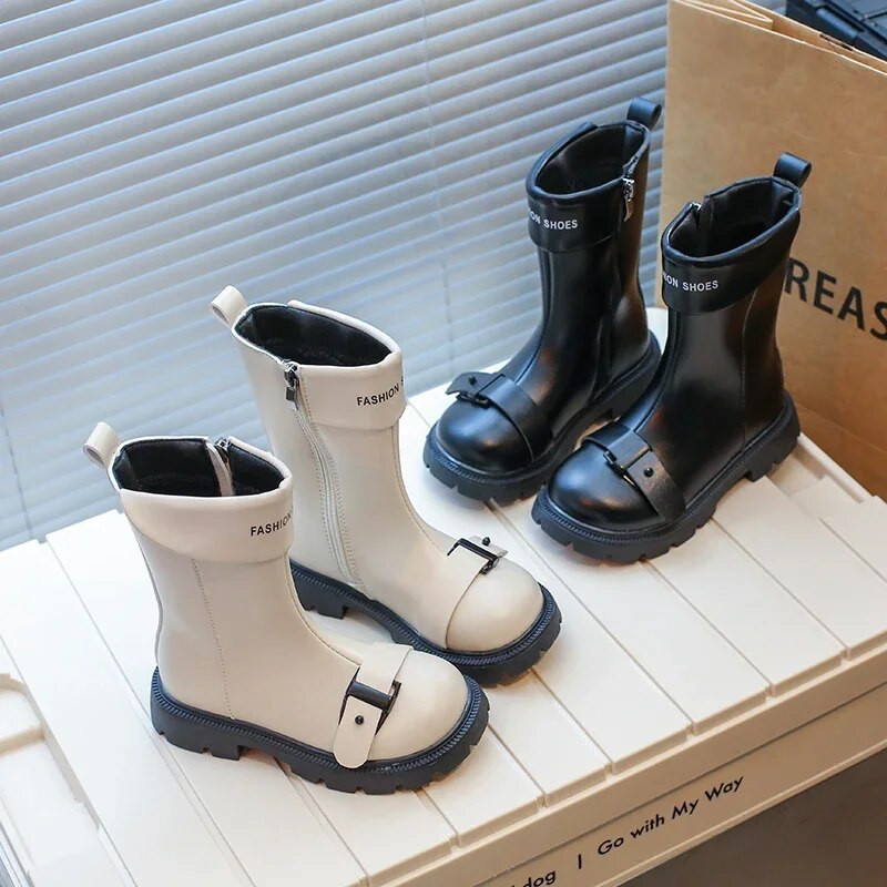 Moodsad lapsed, tüdrukud, kõrged saapad, pandlaga, küljel, tõmblukk Moodsad, ümmarguse varbaga 2023. aasta laste nahast saapad poistele, Suurbritannia stiilis PU