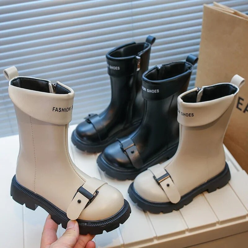 Moodsad lapsed, tüdrukud, kõrged saapad, pandlaga, küljel, tõmblukk Moodsad, ümmarguse varbaga 2023. aasta laste nahast saapad poistele, Suurbritannia stiilis PU