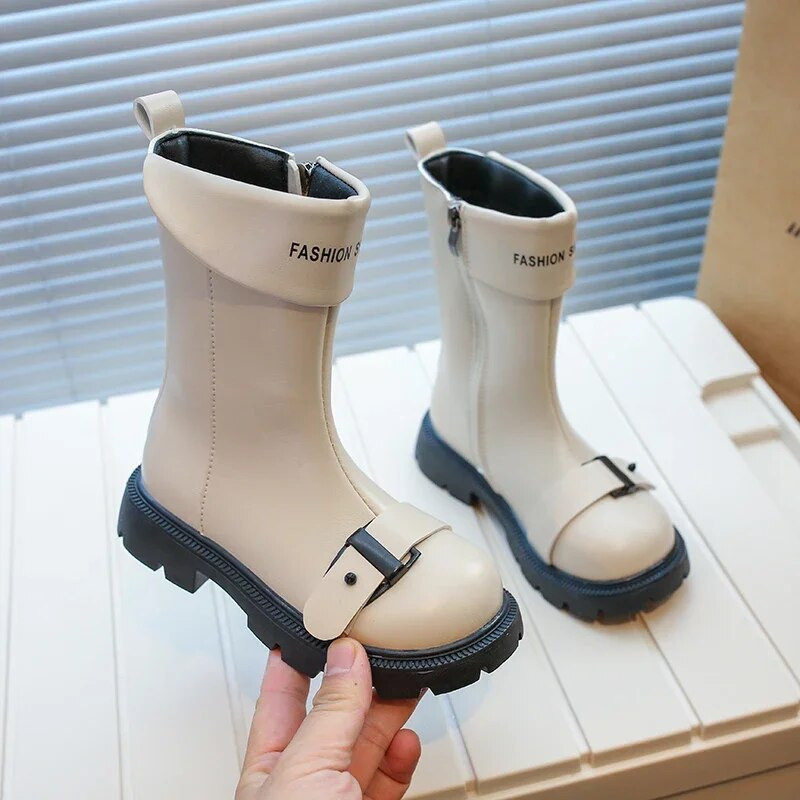 Moodsad lapsed, tüdrukud, kõrged saapad, pandlaga, küljel, tõmblukk Moodsad, ümmarguse varbaga 2023. aasta laste nahast saapad poistele, Suurbritannia stiilis PU