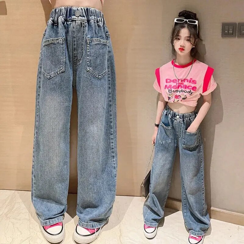 Άνοιξη σεζόν Παιδικά ρούχα για κορίτσια Τζιν φαρδιά παντελόνια Φθινόπωρο Μεγάλα παιδιά Ανοιξιάτικα λεπτά καλοκαιρινά παντελόνια για εξωτερικούς χώρους