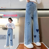 Κορίτσια Χαλαρά ίσια τζιν τζιν Άνοιξη Μεσαία Μεγάλα Παιδιά Casual μακριά παντελόνια για εξωτερικούς χώρους