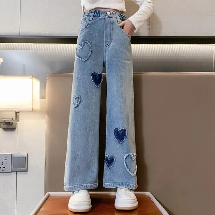 Κορίτσια Χαλαρά ίσια τζιν τζιν Άνοιξη Μεσαία Μεγάλα Παιδιά Casual μακριά παντελόνια για εξωτερικούς χώρους