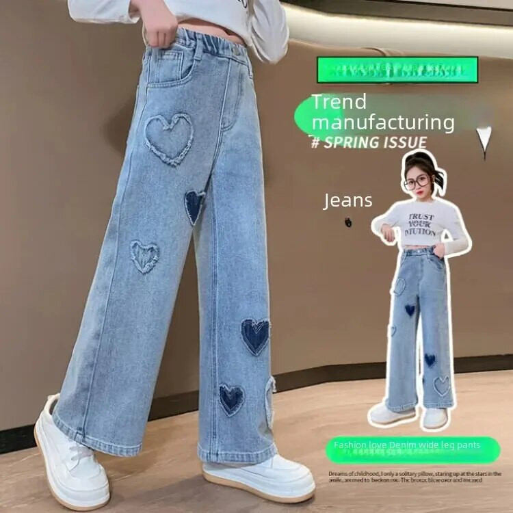 Κορίτσια Χαλαρά ίσια τζιν τζιν Άνοιξη Μεσαία Μεγάλα Παιδιά Casual μακριά παντελόνια για εξωτερικούς χώρους