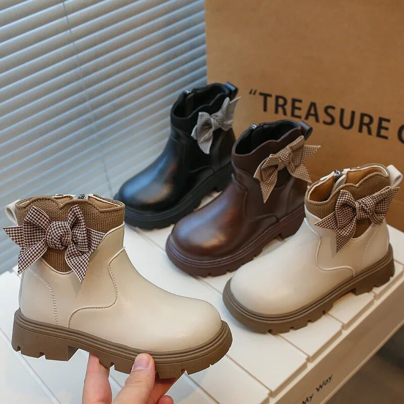 Lastele Mood Tüdrukute Saapad Mitmekülgsed Võre Bow PU Lastesaapad Hingavad Lihtsad Libisemiskindlad Pruunid Must Beežid Printsessikingad