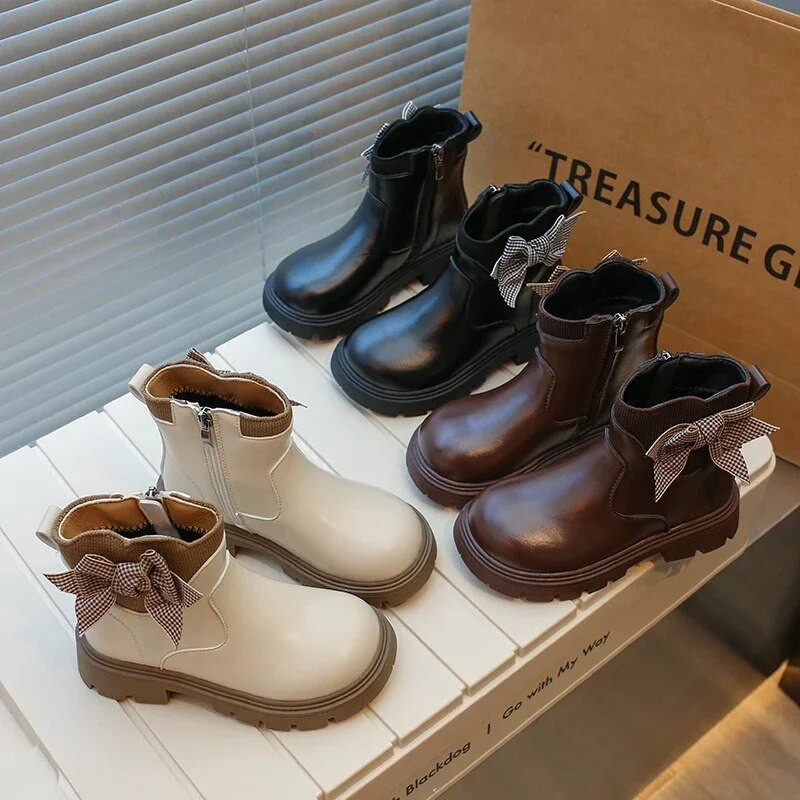 Lastele Mood Tüdrukute Saapad Mitmekülgsed Võre Bow PU Lastesaapad Hingavad Lihtsad Libisemiskindlad Pruunid Must Beežid Printsessikingad